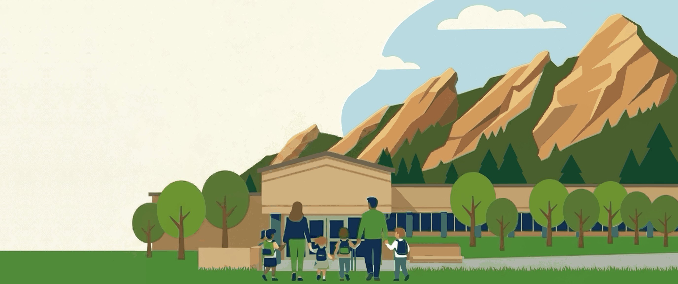 Families walking into Flatirons Elementary with the Flatirons rising behind the school.