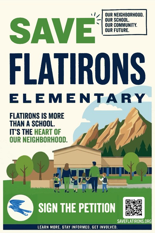 The Save Flatirons Elementary poster at 12 by 18 inches.